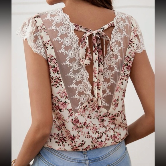 Boho Floral Print Lace Top Blouse shirt - Picture 5 of 8